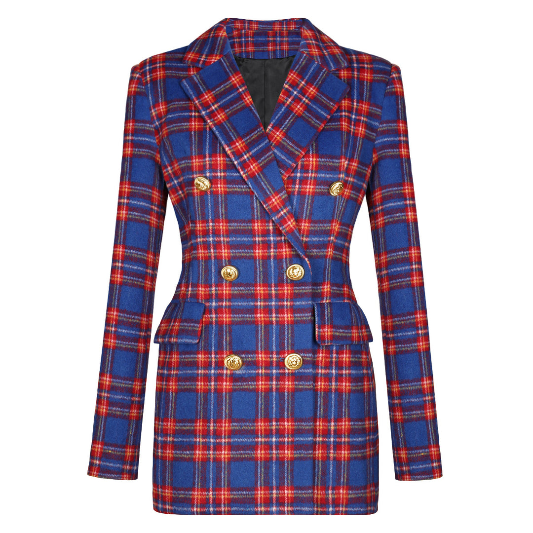 Checked Plaid Double Breasted Women Blazer