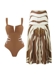 Mocha Wave One-Piece Swimsuit & Resort Skirt Set
