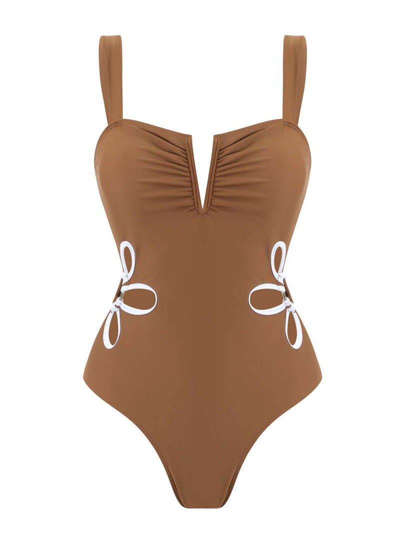 Mocha Wave One-Piece Swimsuit & Resort Skirt Set