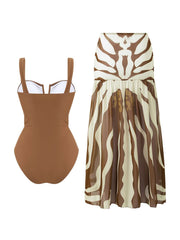 Mocha Wave One-Piece Swimsuit & Resort Skirt Set