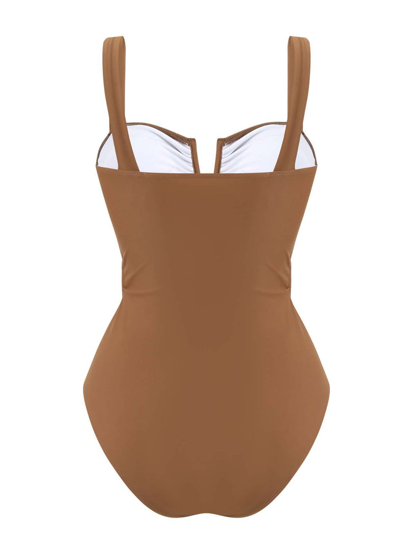 Mocha Wave One-Piece Swimsuit & Resort Skirt Set