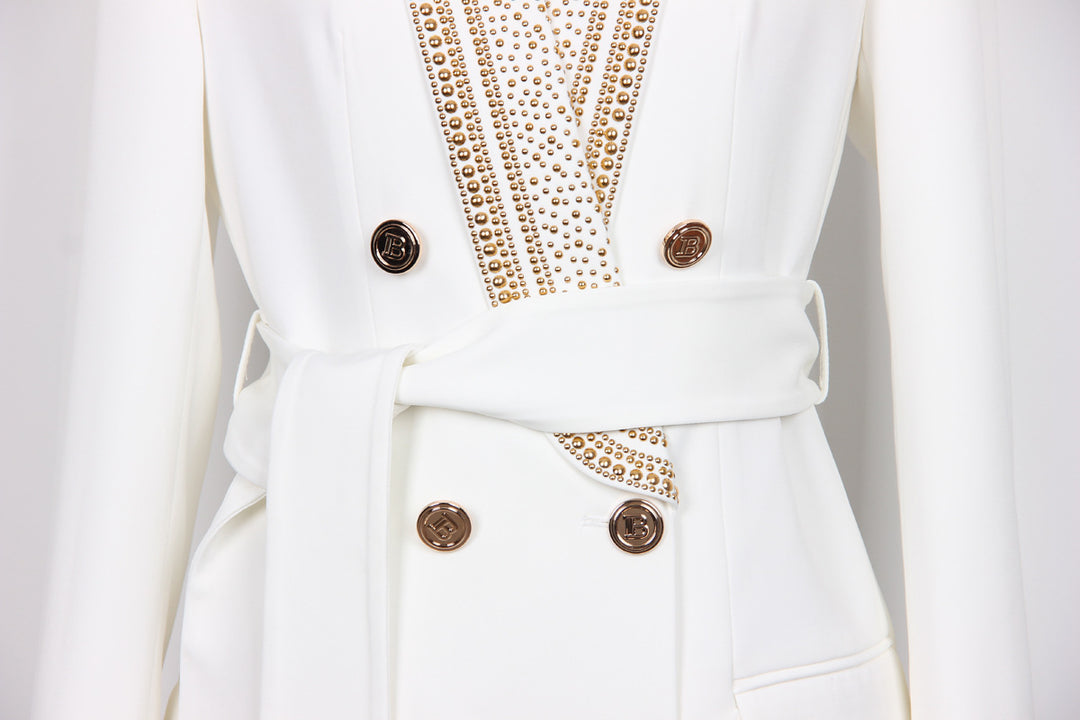 Metal Shawl Collar Sequined Blazer with Belt