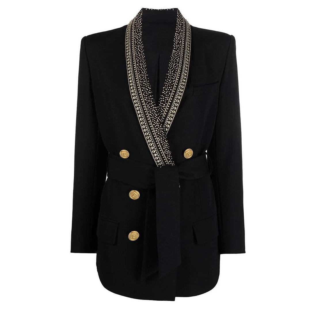 Metal Shawl Collar Sequined Blazer with Belt