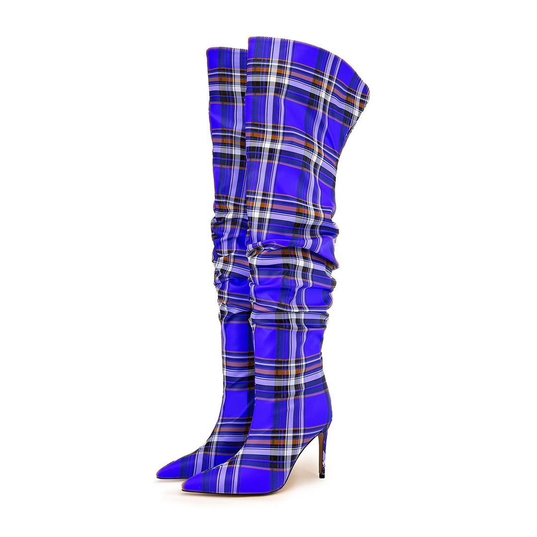 Checked Fabric High Knee Boots