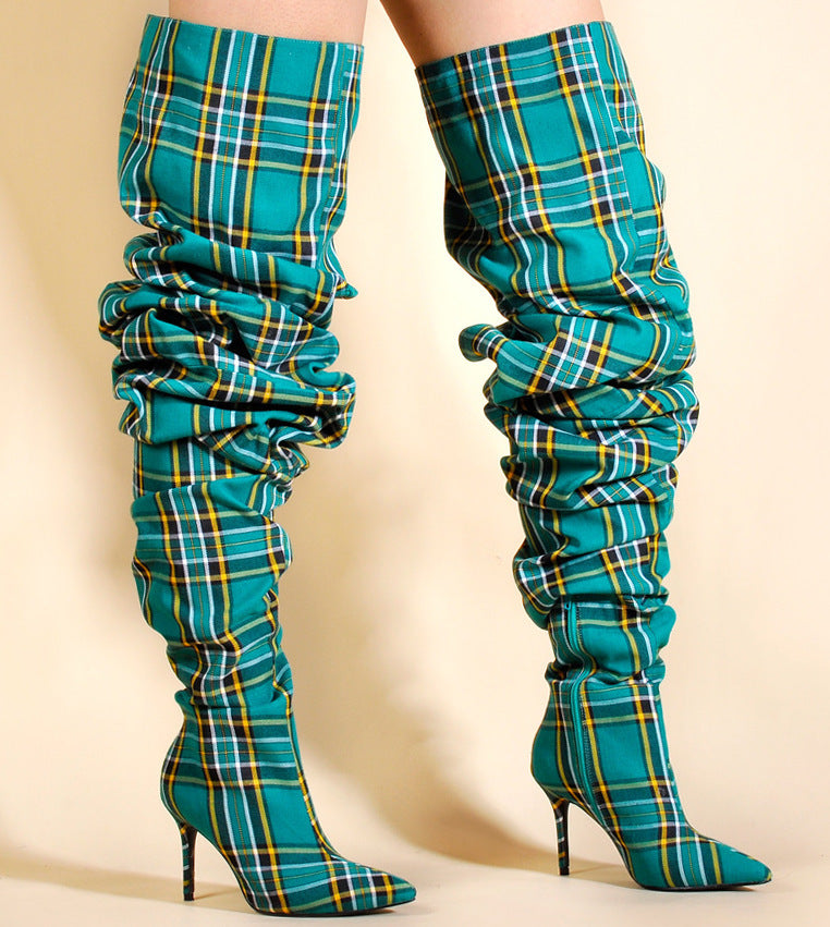 Checked Fabric High Knee Boots