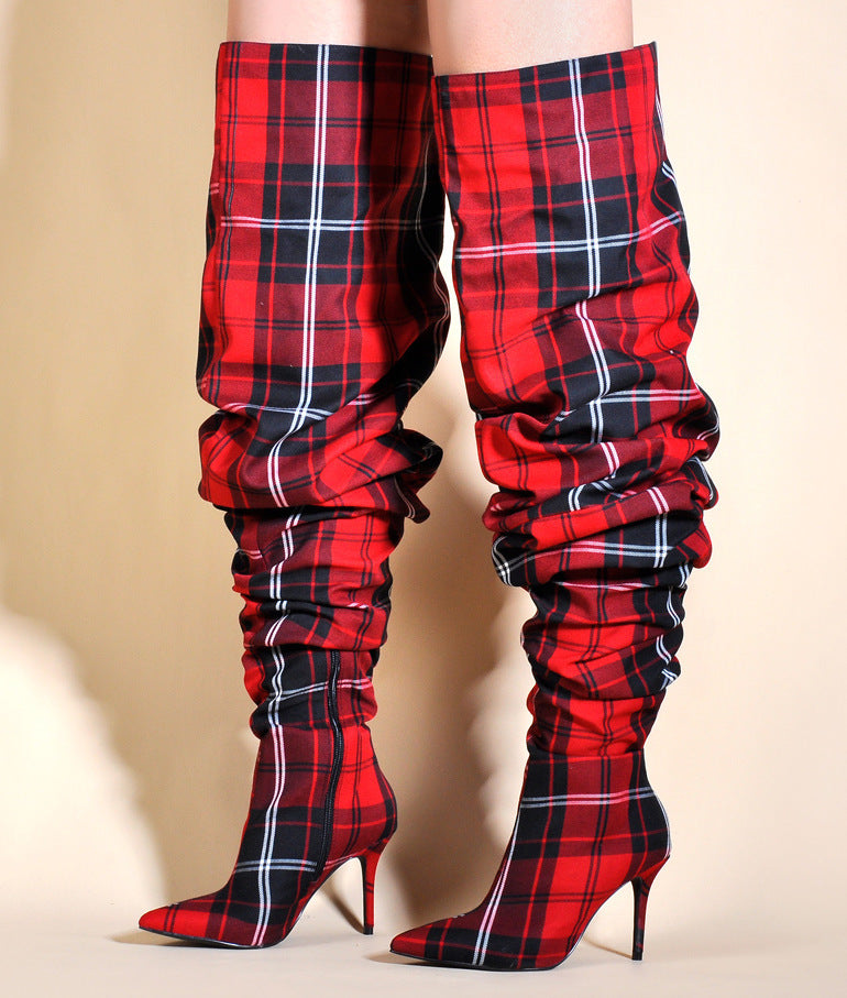 Checked Fabric High Knee Boots