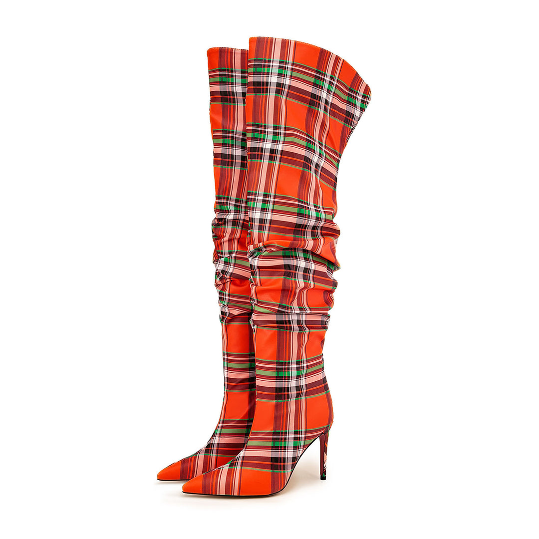 Checked Fabric High Knee Boots