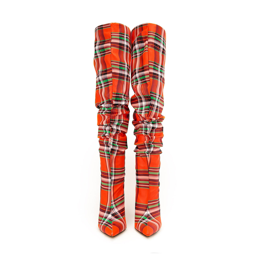 Checked Fabric High Knee Boots