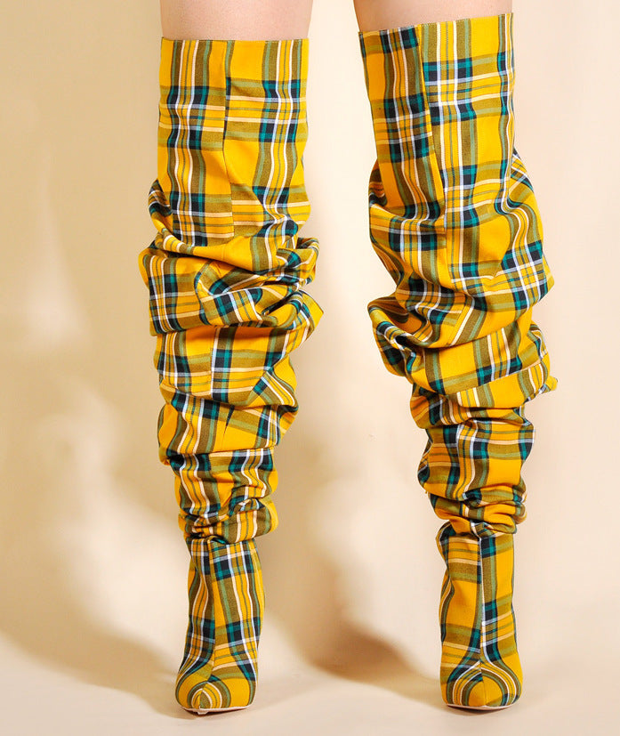 Checked Fabric High Knee Boots