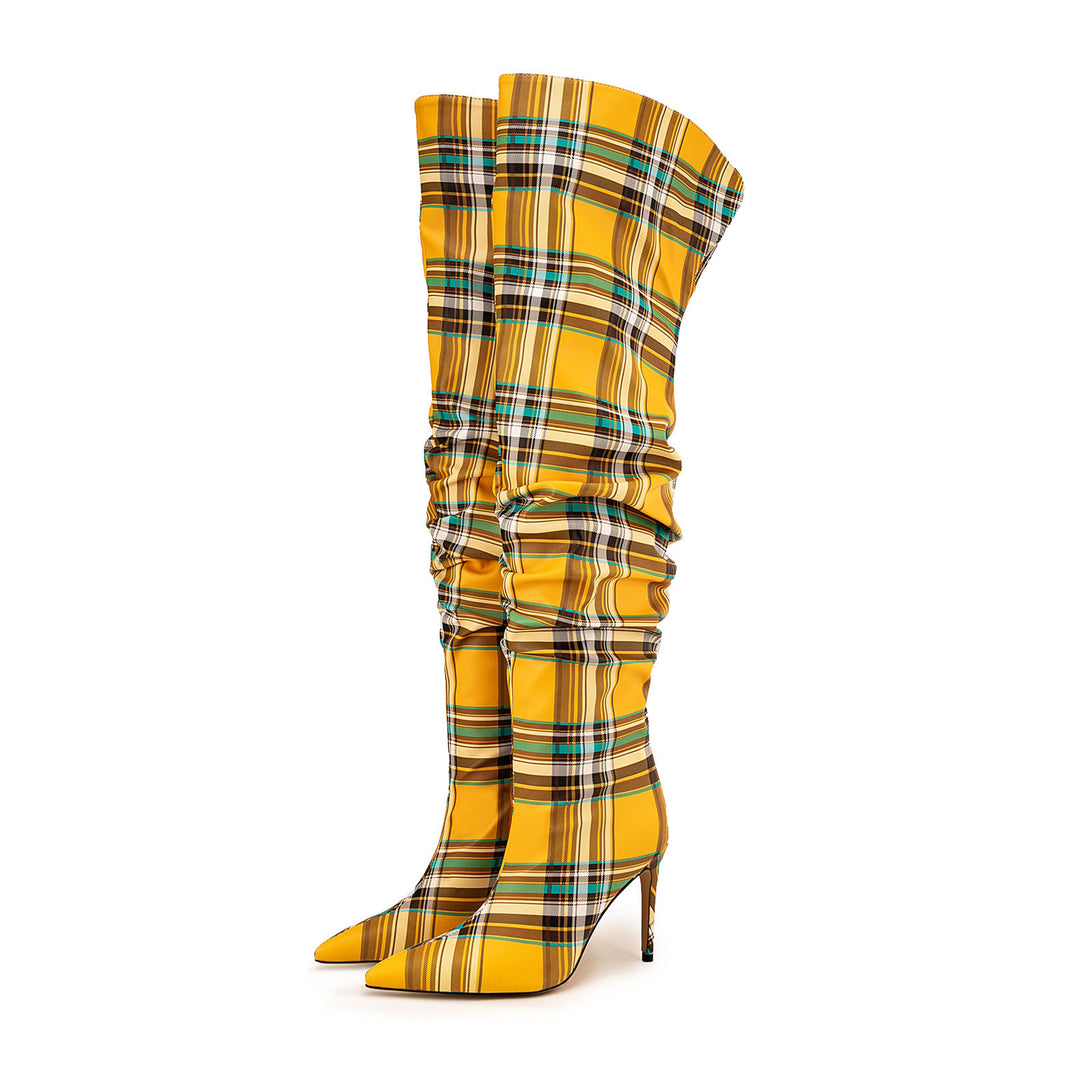 Checked Fabric High Knee Boots