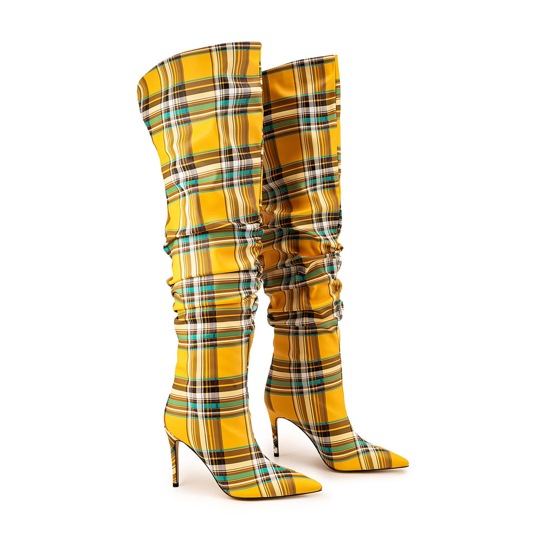 Checked Fabric High Knee Boots