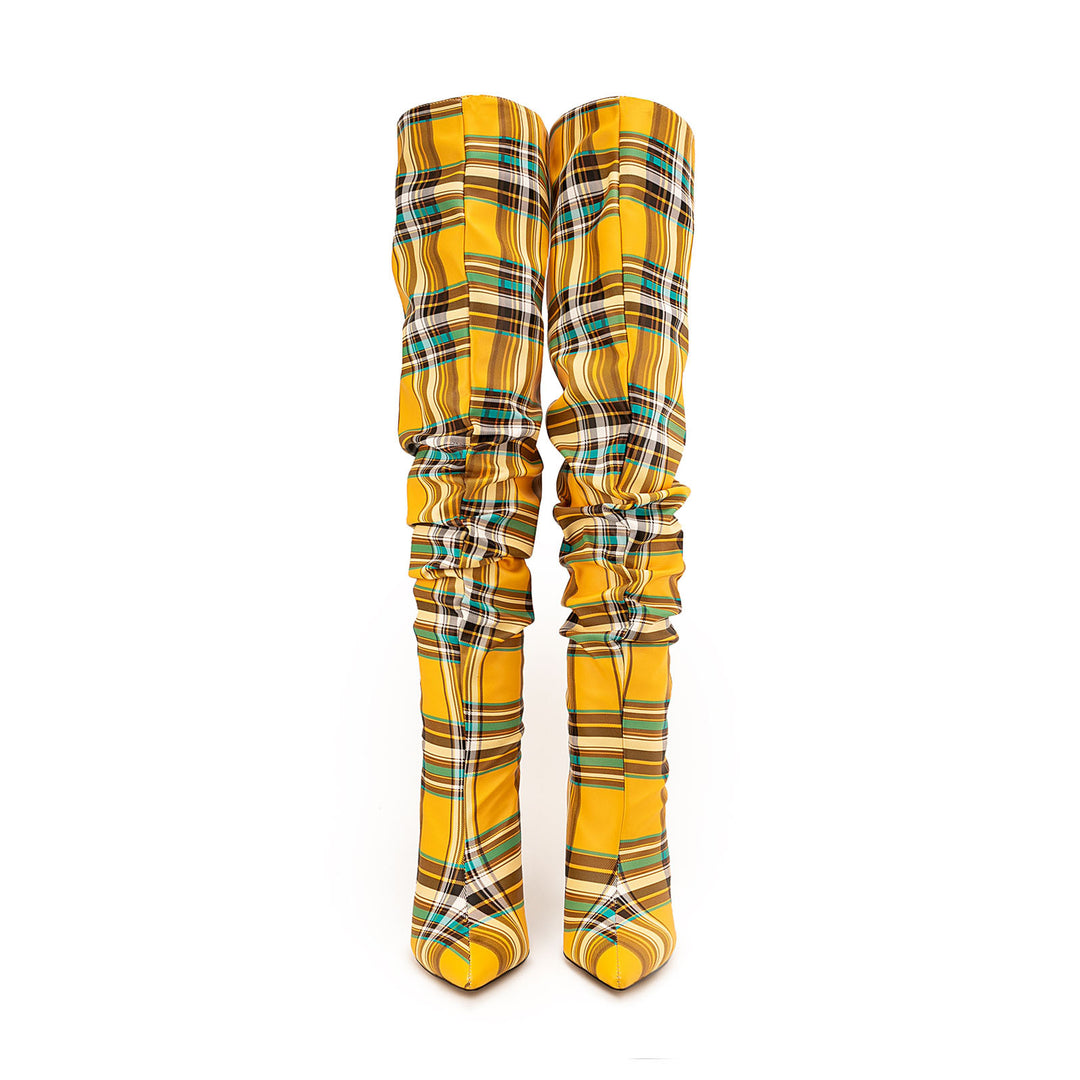 Checked Fabric High Knee Boots