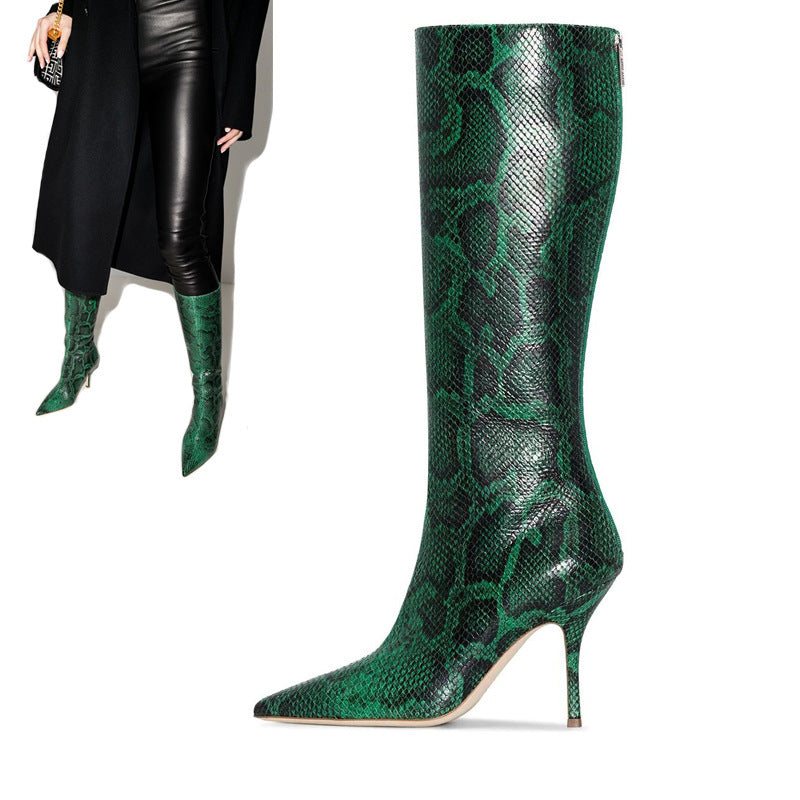 Snakeskin Print Leather Boots