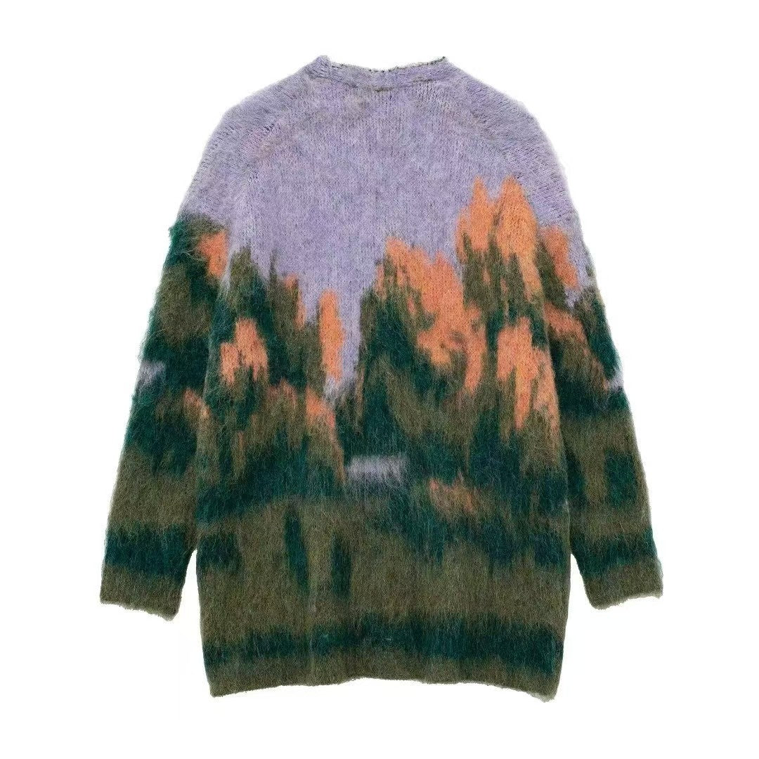 Gradient Landscape Paint Cardigan Sweater