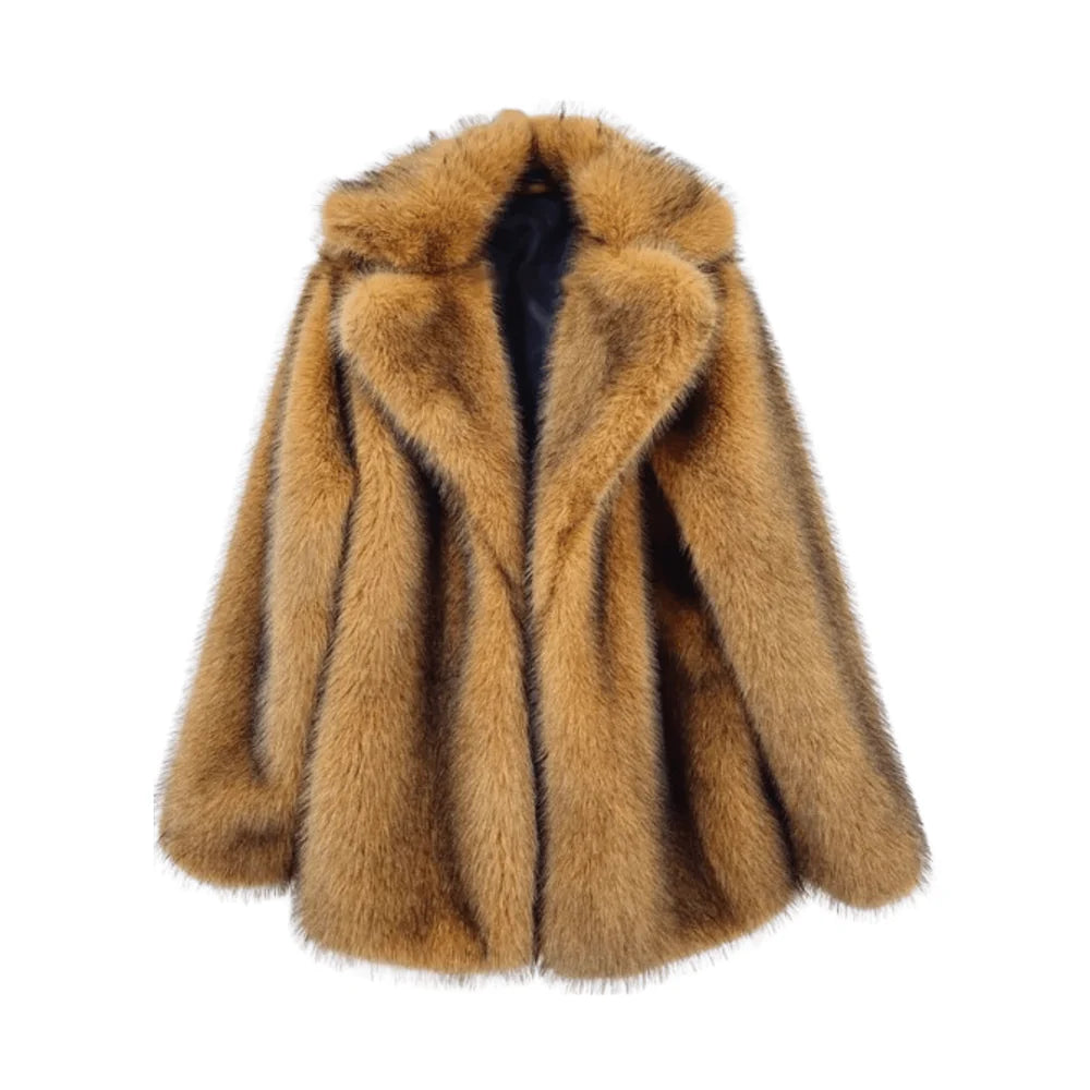 Large Lapel Buttonless Faux Fur Coat