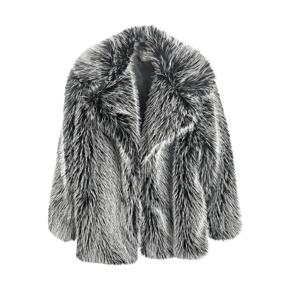 Large Lapel Buttonless Faux Fur Coat