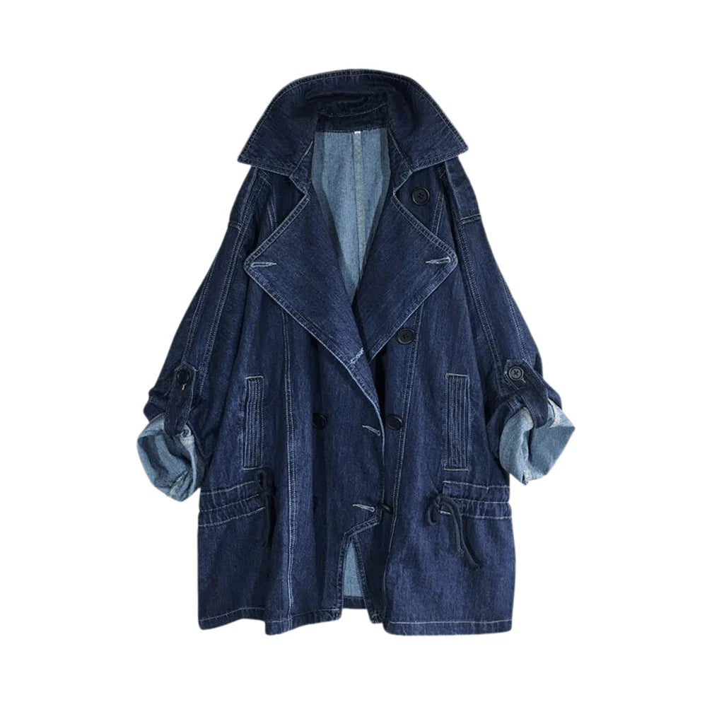 Large Lapel Tie Waist Denim Jacket