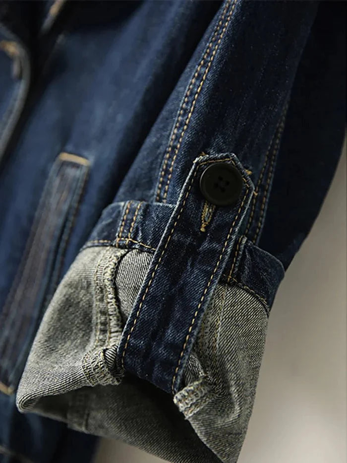 Large Lapel Tie Waist Denim Jacket