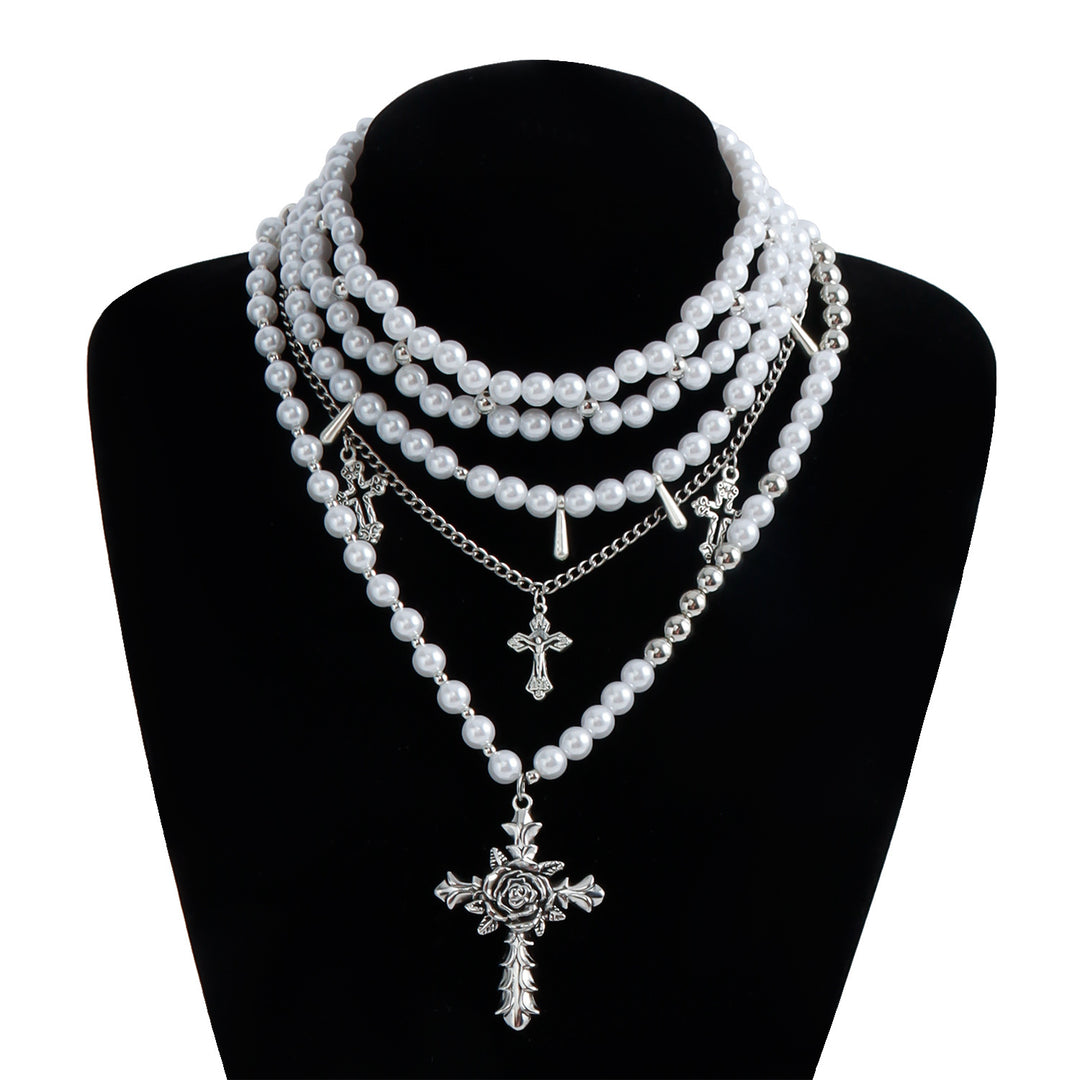 Cross Pearls Rose Necklace