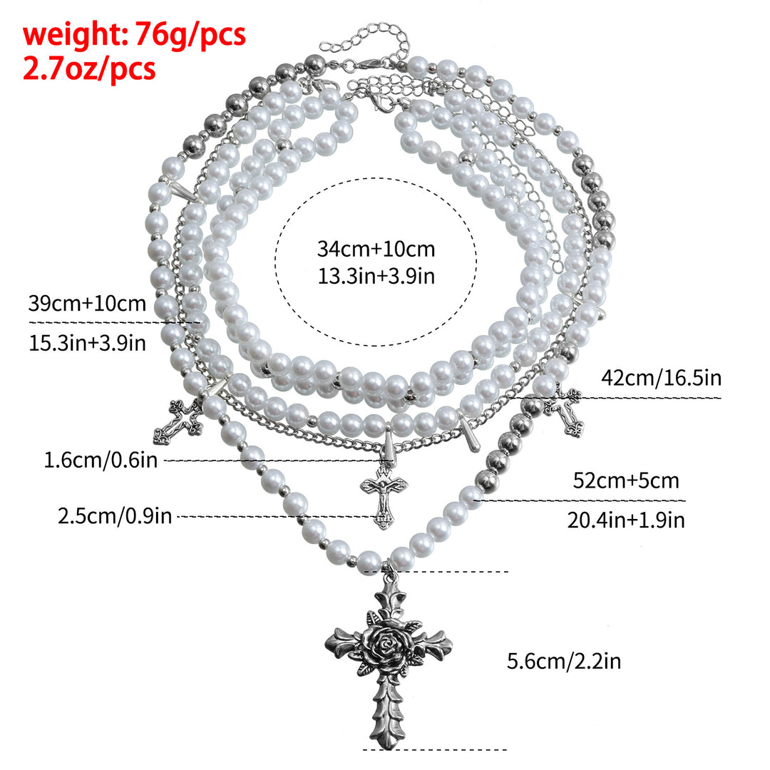 Cross Pearls Rose Necklace