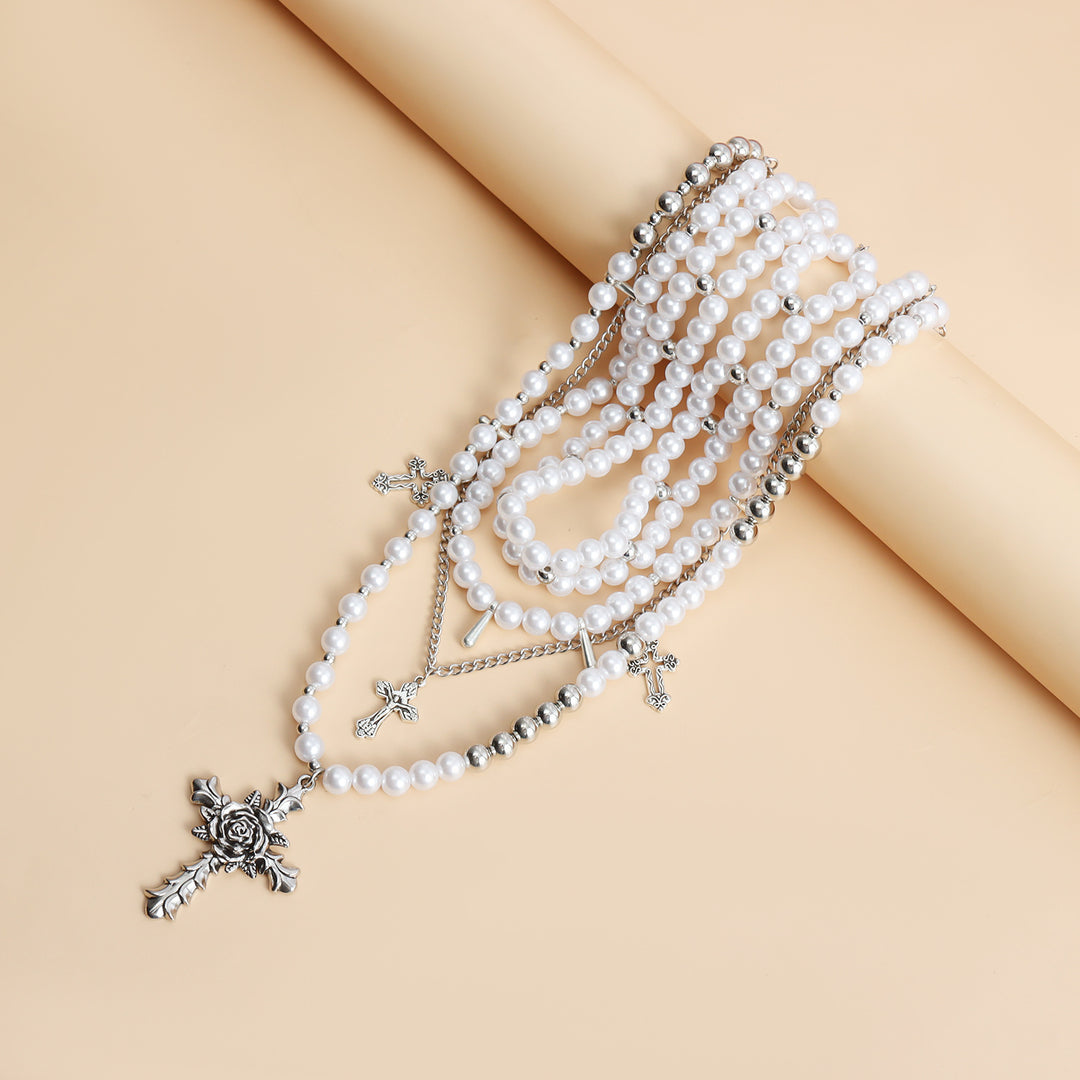 Cross Pearls Rose Necklace