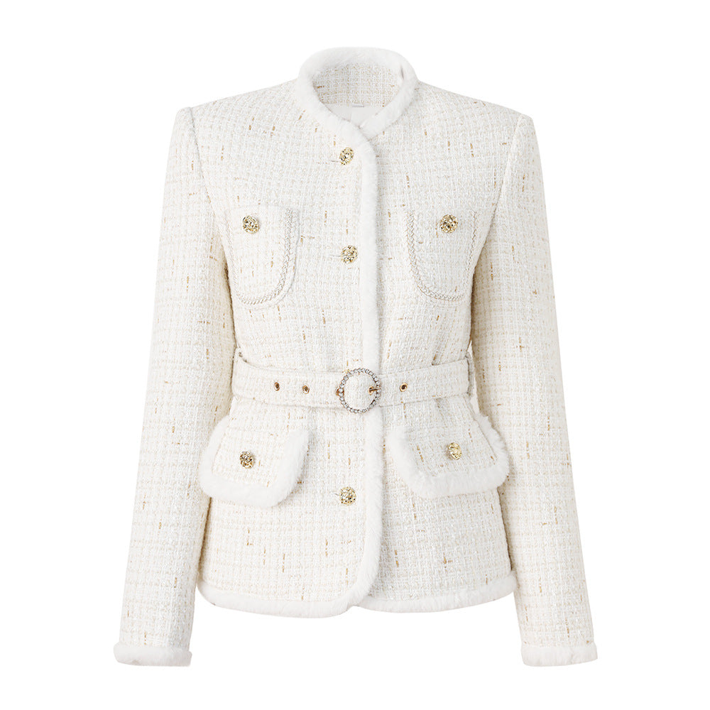 White Fur Trim Belt Blazer