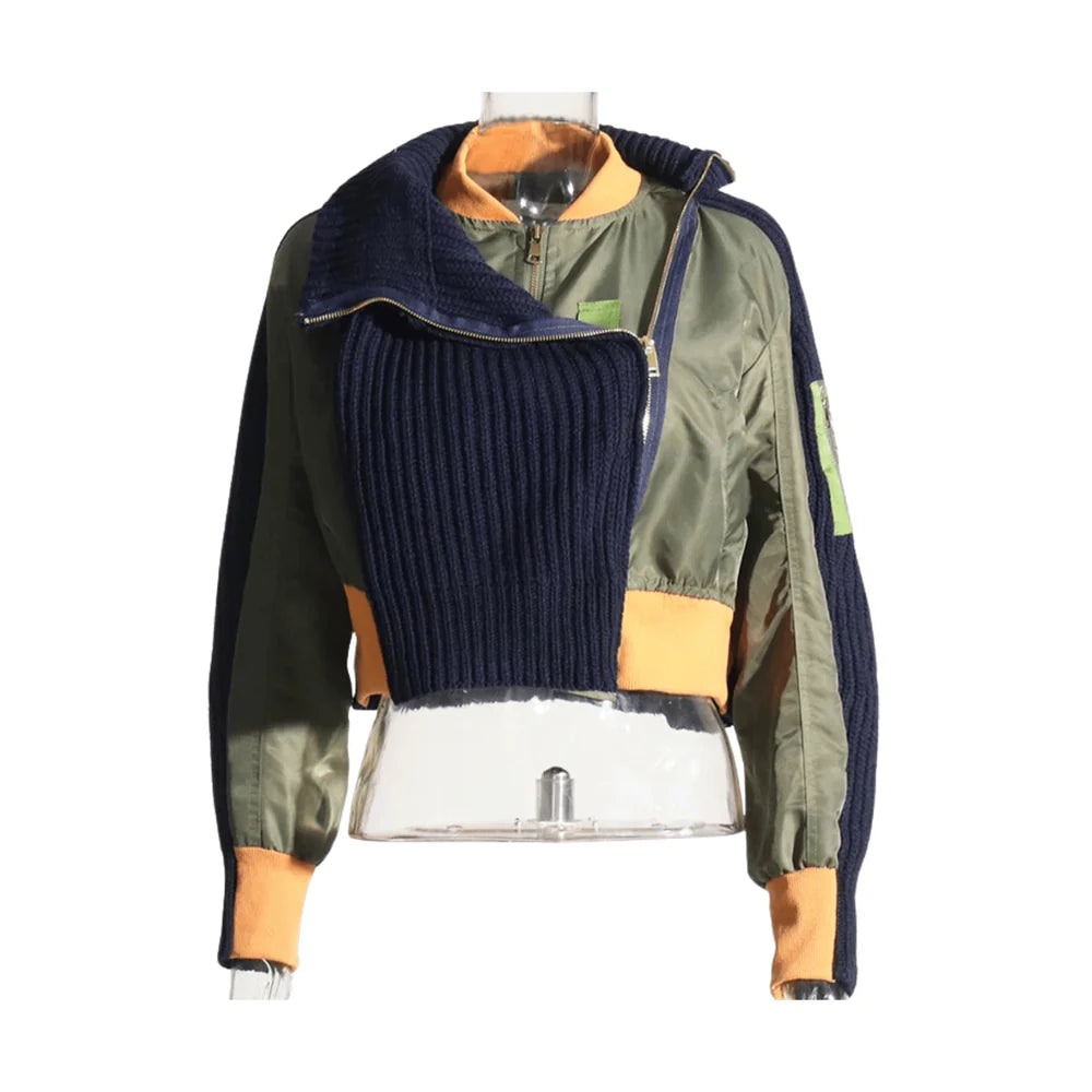 Tricolor Spliced Knitted Cropped Jacket