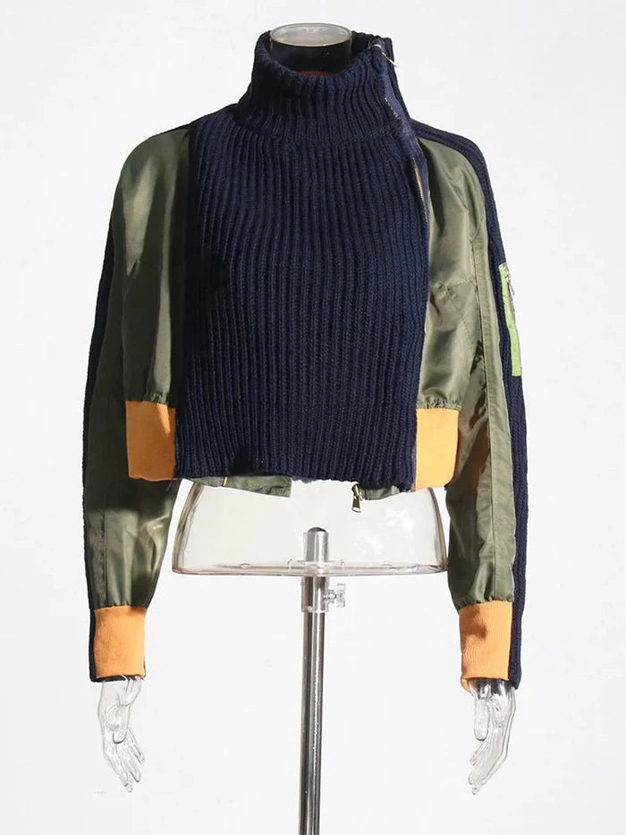 Tricolor Spliced Knitted Cropped Jacket